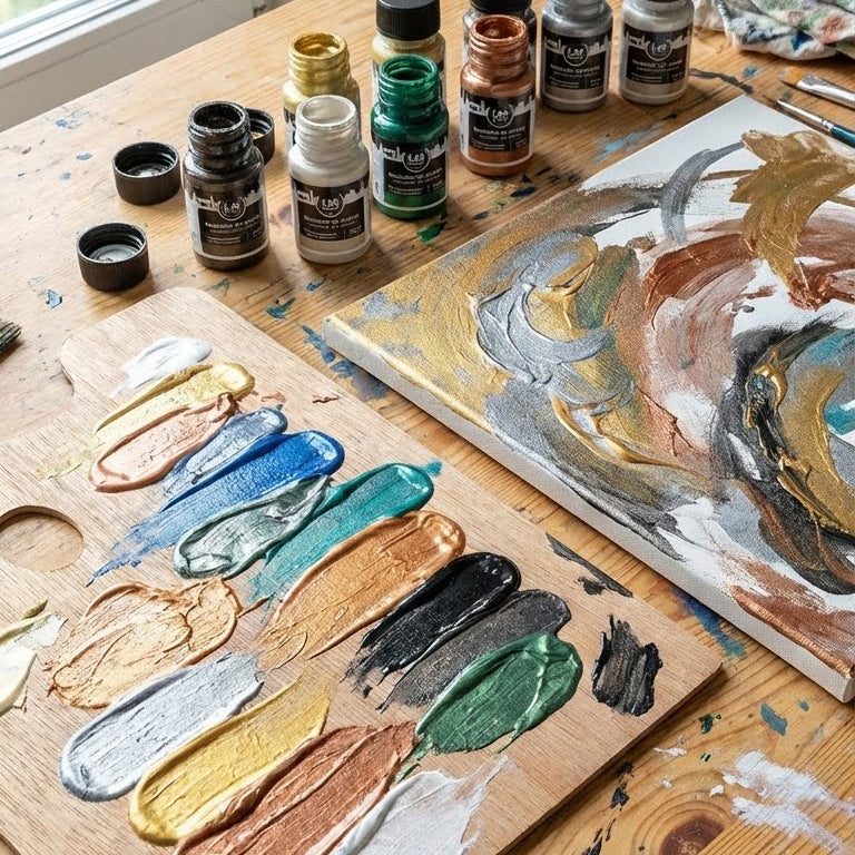 LM Kreativ Metallika for Artists im Einsatz auf Leinwand mit aufgetragener Farbpalette und gemischten Metallic-Toenen