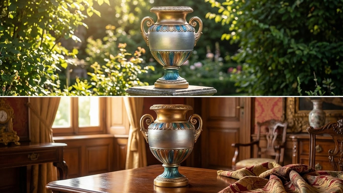 Mit LM Kreativ Metallika for Artists gestaltete dekorative Vase als Beispiel fuer Innen- und Aussenbereich