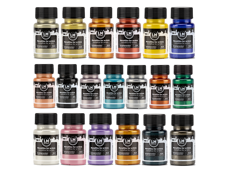 Uebersicht des kompletten Sortiments von LM Kreativ Metallika for Artists mit verschiedenen Metallic-Acrylfarben in 50 ml Flaschen