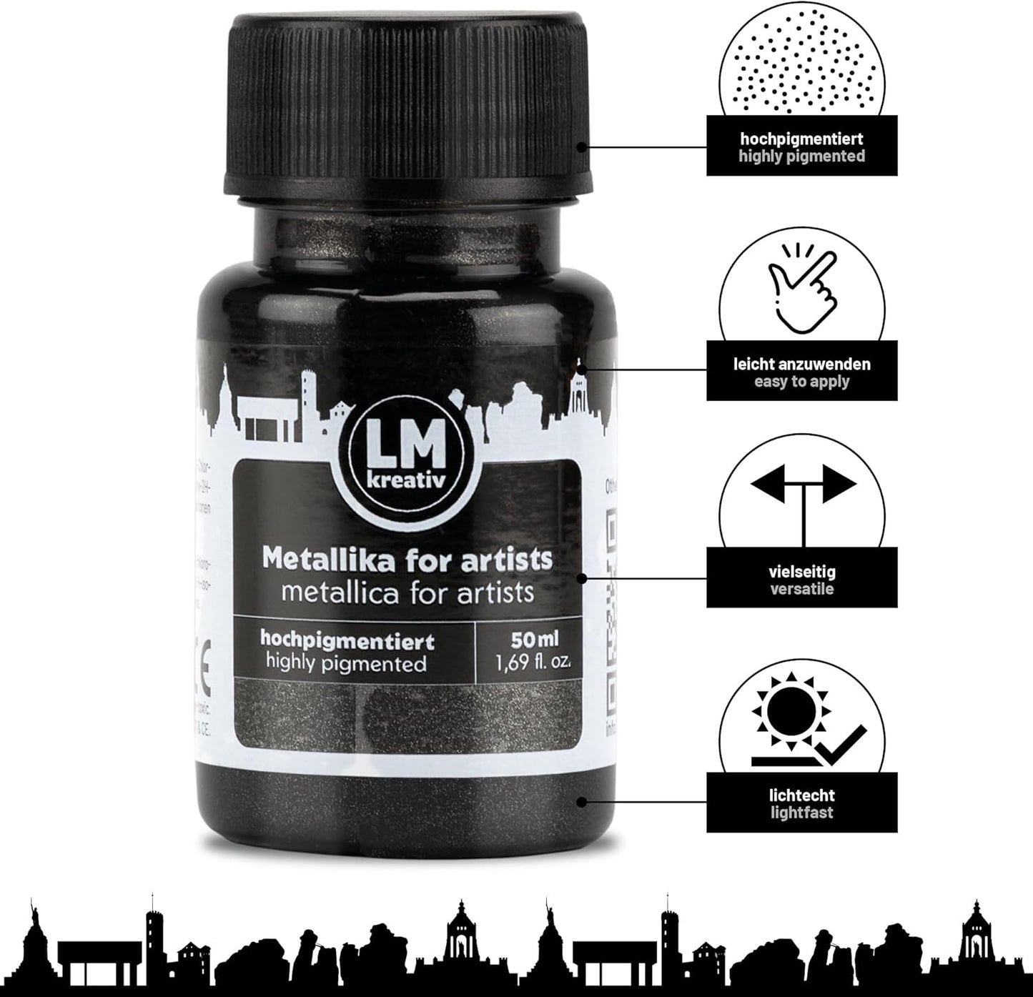 LM Kreativ Metallika for Artists Acrylfarbe in Schwarz, 50 ml Flasche mit hervorgehobenen Produkteigenschaften wie hochpigmentiert, leicht anzuwenden, vielseitig und lichtecht