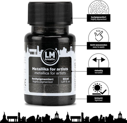 LM Kreativ Metallika for Artists Acrylfarbe in Schwarz, 50 ml Flasche mit hervorgehobenen Produkteigenschaften wie hochpigmentiert, leicht anzuwenden, vielseitig und lichtecht