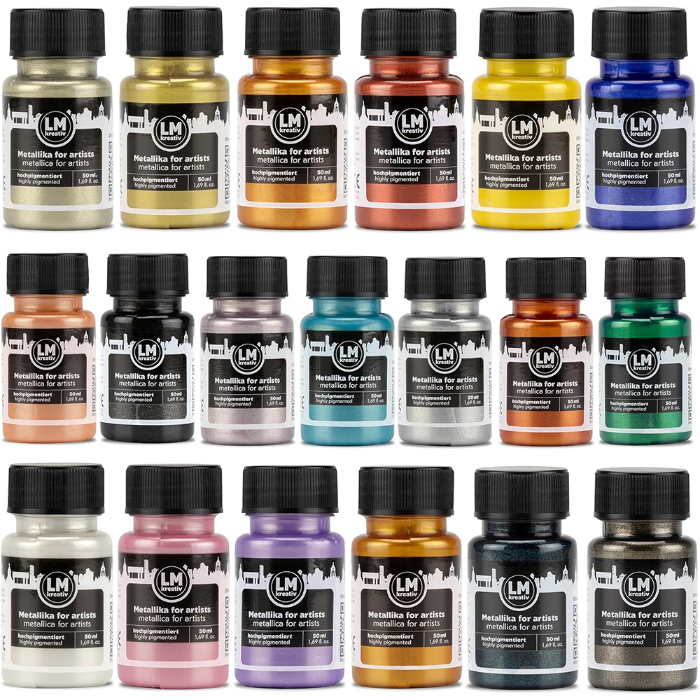 Set Color Fusion von LM Kreativ Metallika for Artists mit vielfältigen Metallic-Acrylfarben in Blau, Gelb, Kupfer, Gruen, Silber, Schwarz und weiteren Farbtönen