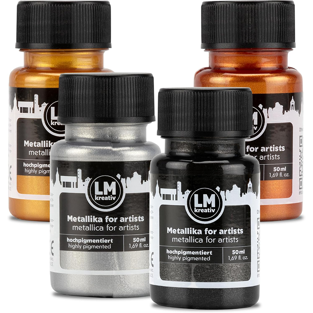 Set Glamour von LM Kreativ Metallika for Artists mit Metallic-Acrylfarben in Gold, Kupfer, Silber und Schwarz in 50 ml Kunststoffflaschen