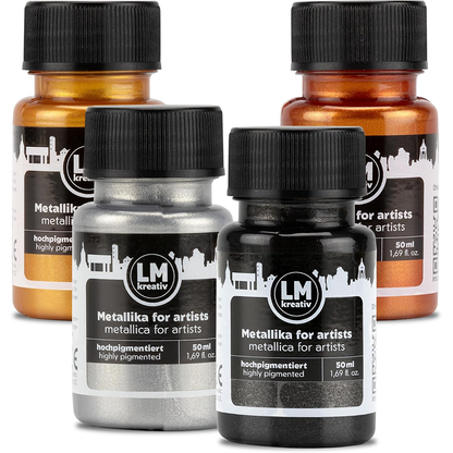 Set Glamour von LM Kreativ Metallika for Artists mit Metallic-Acrylfarben in Gold, Kupfer, Silber und Schwarz in 50 ml Kunststoffflaschen