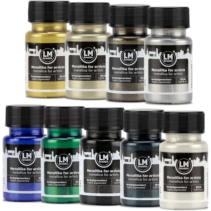 Set Luxe von LM Kreativ Metallika for Artists mit hochpigmentierten Metallic-Acrylfarben in Gold-, Silber- und dunklen Metallicnuancen in 50 ml Flaschen