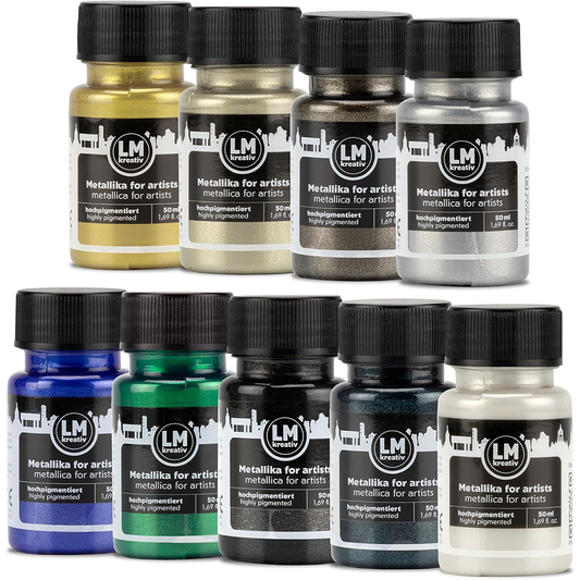 Set Luxe von LM Kreativ Metallika for Artists mit hochpigmentierten Metallic-Acrylfarben in Gold-, Silber- und dunklen Metallicnuancen in 50 ml Flaschen