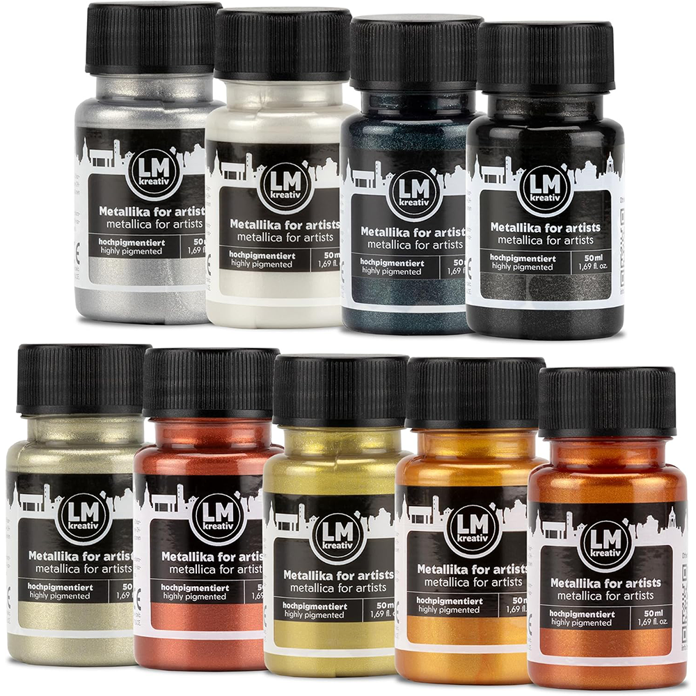 Set Opulence von LM Kreativ Metallika for Artists mit edlen Metallic-Acrylfarben in Silber, Weiss, Dunkelblau, Schwarz, Champagner, Rotkupfer, Gold und Bronze