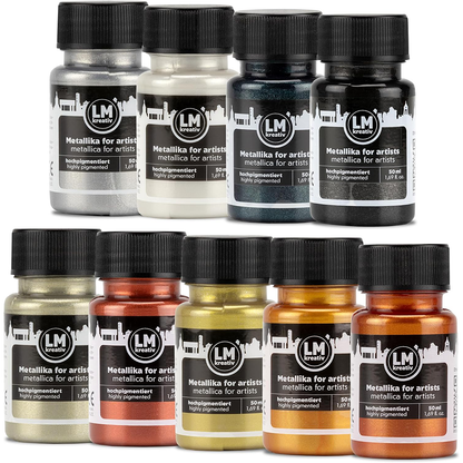 Set Opulence von LM Kreativ Metallika for Artists mit edlen Metallic-Acrylfarben in Silber, Weiss, Dunkelblau, Schwarz, Champagner, Rotkupfer, Gold und Bronze