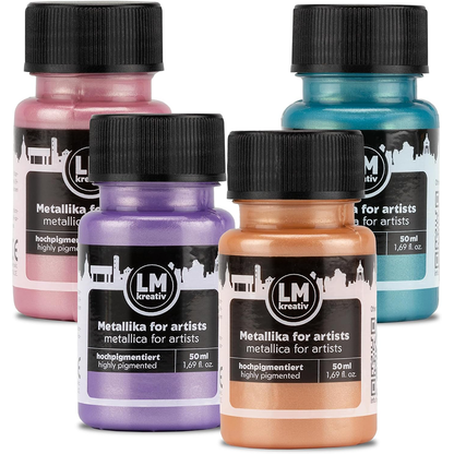 Set Pastell Poesie von LM Kreativ Metallika for Artists mit zarten Metallic-Acrylfarben in Rosa, Lila, Pfirsich und Tuerkis in 50 ml Flaschen