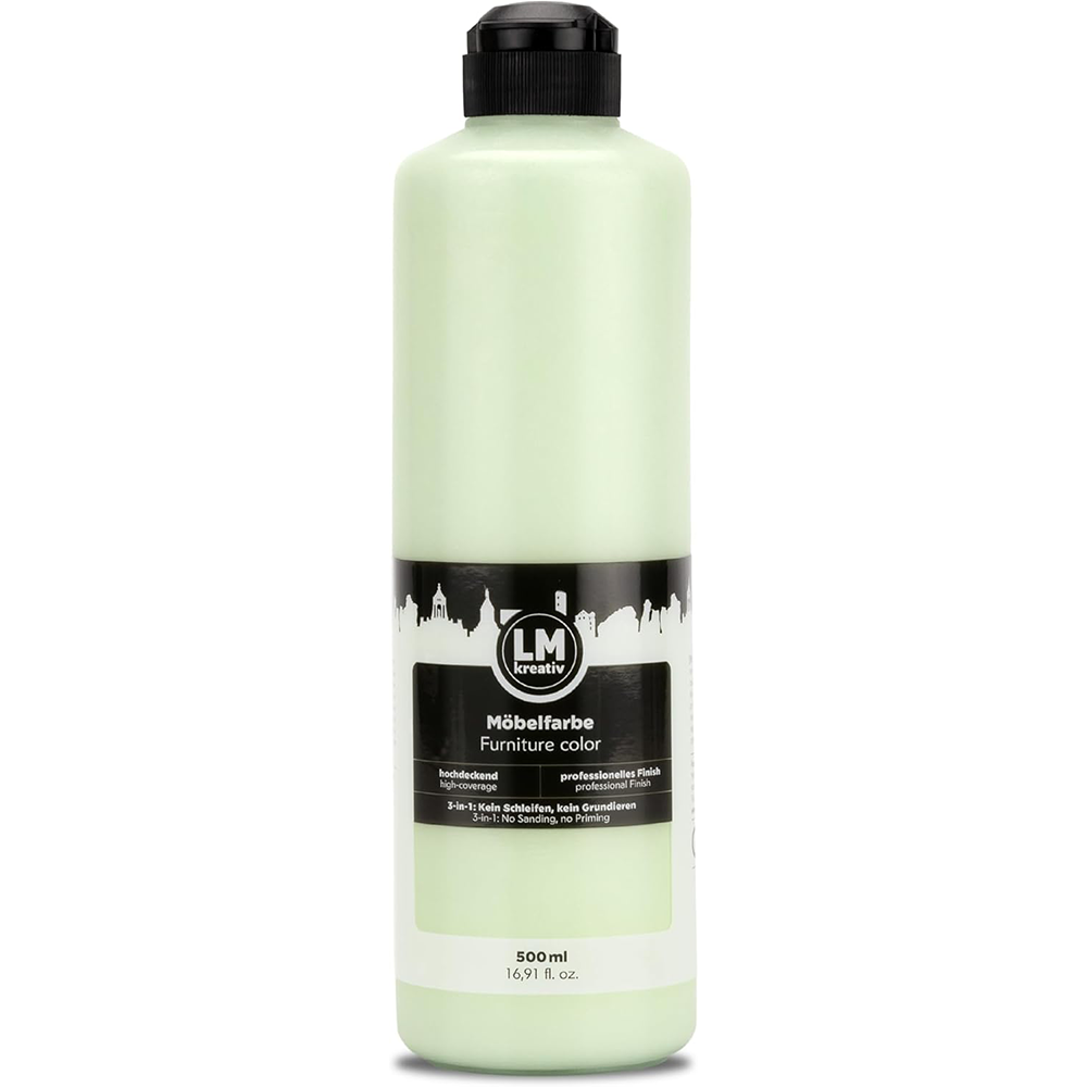 LM Kreativ Möbelfarbe 500 ml in hellem Grün für strapazierfähige und wasserbasierte Anstriche im Wohnbereich.
