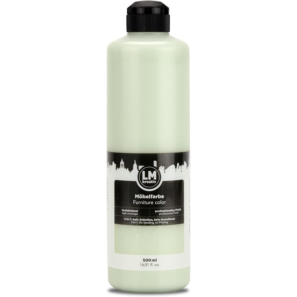 LM Kreativ Möbelfarbe 500 ml in Blassgrün für gleichmäßige, kratzfeste Beschichtungen ohne vorheriges Schleifen.
