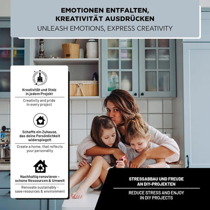 Stimmungsbild mit Familie in Küche und Hinweis auf kreative DIY-Projekte mit LM Kreativ Möbelfarbe 500 ml.