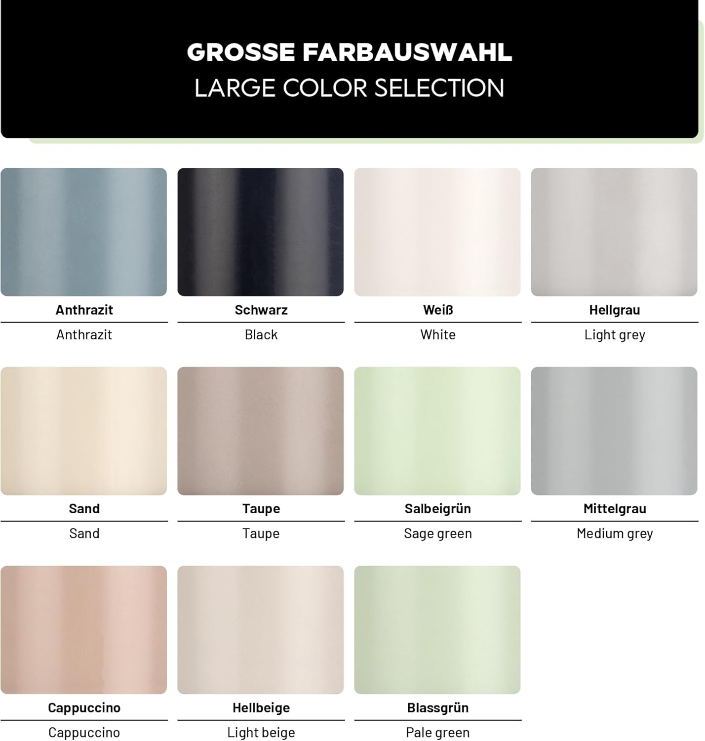 Farbübersicht der LM Kreativ Möbelfarbe 500 ml mit Auswahl in Anthrazit, Schwarz, Weiß, Hellgrau, Mittelgrau, Sand, Taupe, Cappuccino, Hellbeige, Salbeigrün und Blassgrün.