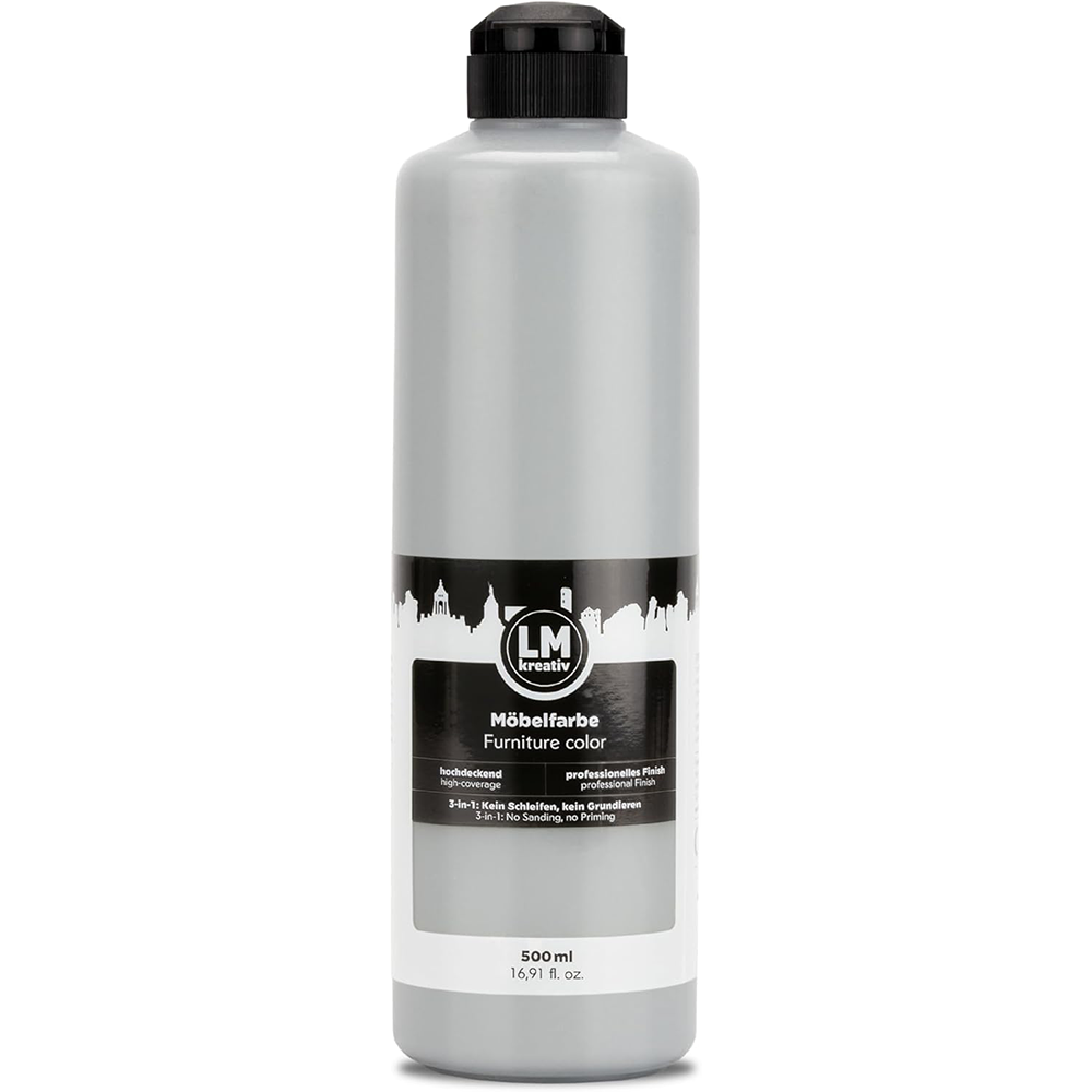 LM Kreativ Möbelfarbe 500 ml in hellem Grau für tropfgehemmtes und gleichmäßiges Streichen von Möbeln.