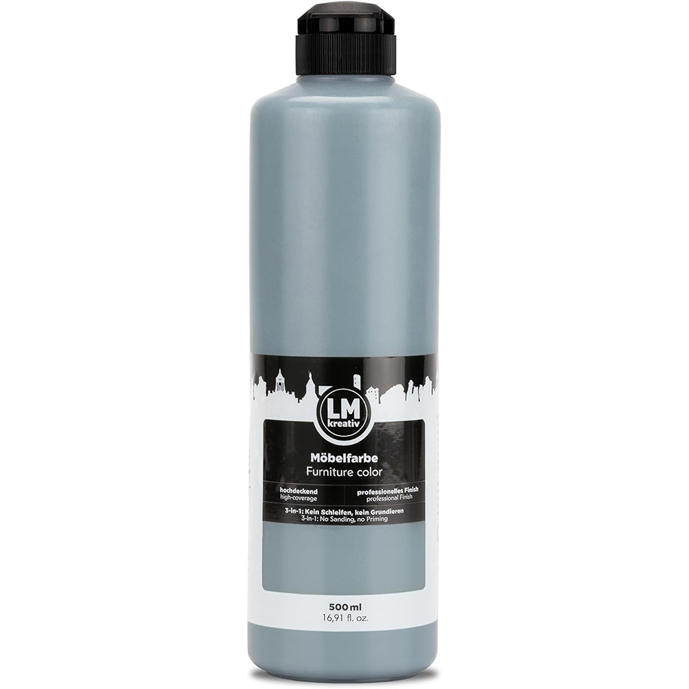 LM Kreativ Möbelfarbe 500 ml in Grau mit hoher Deckkraft und widerstandsfähiger Oberfläche für Holz, Metall und Kunststoff.