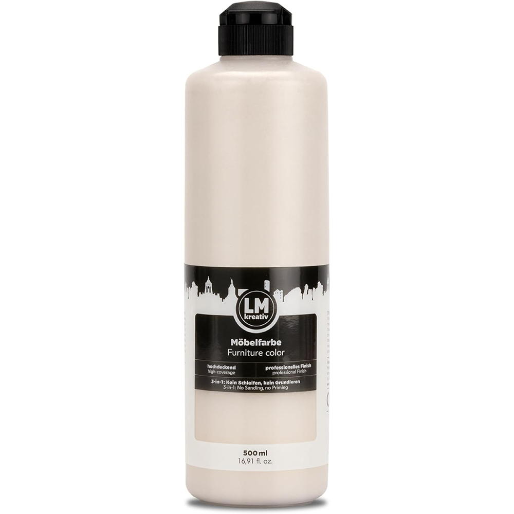 LM Kreativ Möbelfarbe 500 ml in Hellbeige für hochdeckende und strapazierfähige Anstriche auf Möbeln im Innen- und Außenbereich.