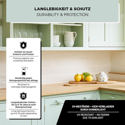 Infografik zur LM Kreativ Möbelfarbe 500 ml mit hervorgehobenen Eigenschaften wie Kratzschutz, Fleckenresistenz, UV-Beständigkeit und langanhaltendem Schutz.
