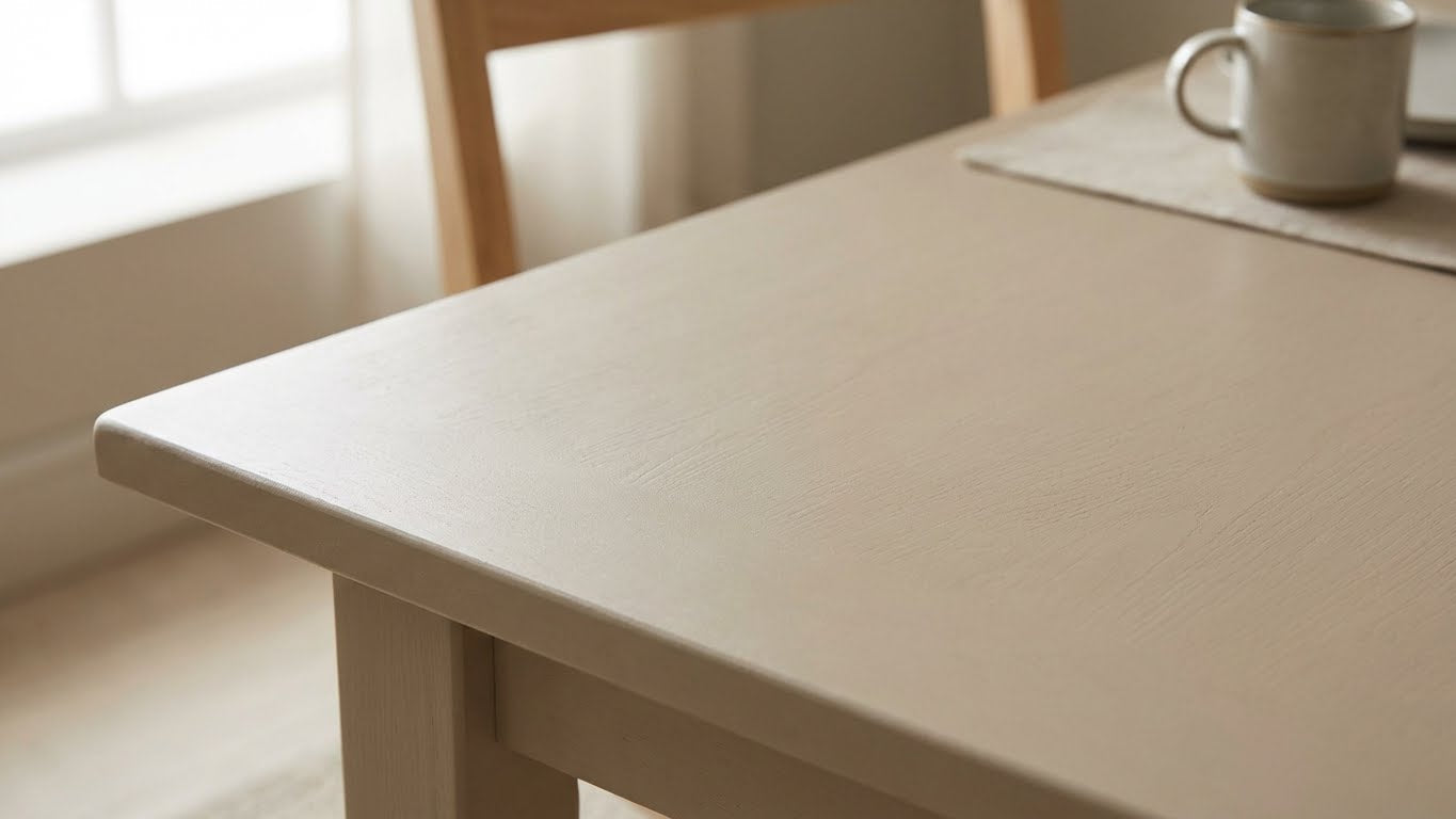 Holztisch mit gleichmäßigem Anstrich in Hellbeige, gestrichen mit LM Kreativ Möbelfarbe 500 ml.