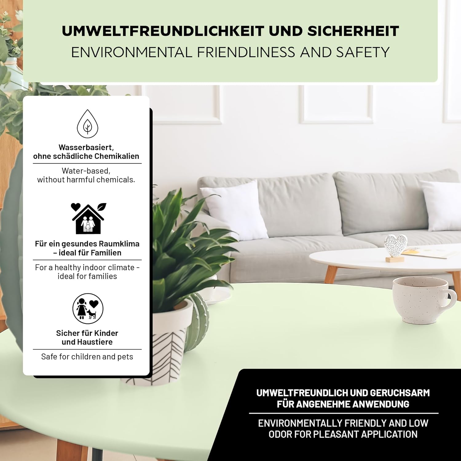 Infografik zur LM Kreativ Möbelfarbe 500 ml mit Hinweisen auf wasserbasierte Formel, geringe Geruchsentwicklung und Sicherheit für Kinder und Haustiere.
