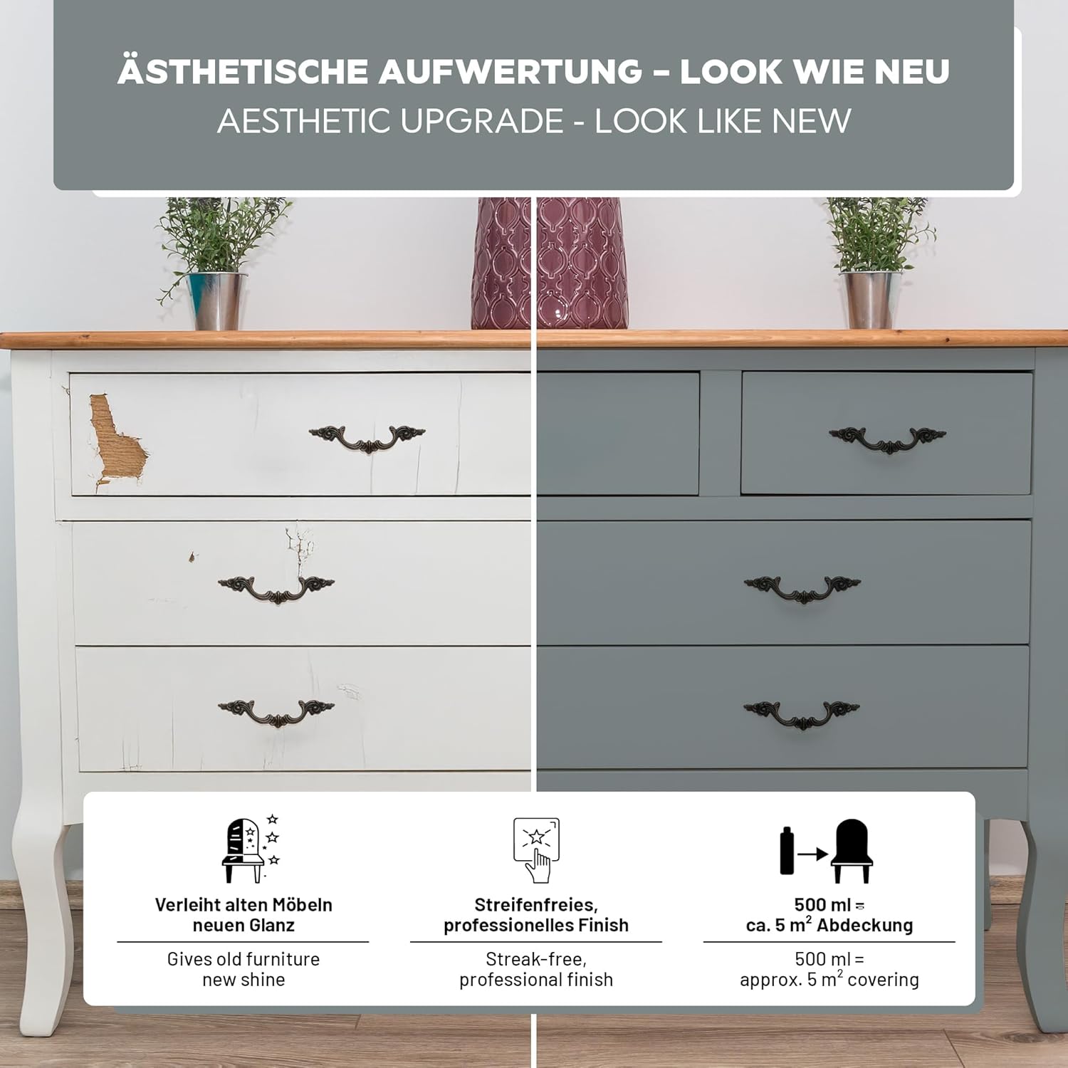 Vorher-Nachher-Darstellung einer Kommode mit LM Kreativ Möbelfarbe 500 ml für ein streifenfreies, professionelles Finish.