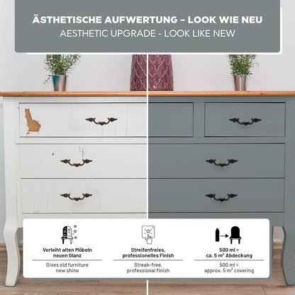 Vorher-Nachher-Darstellung einer Kommode mit LM Kreativ Möbelfarbe 500 ml für ein streifenfreies, professionelles Finish.