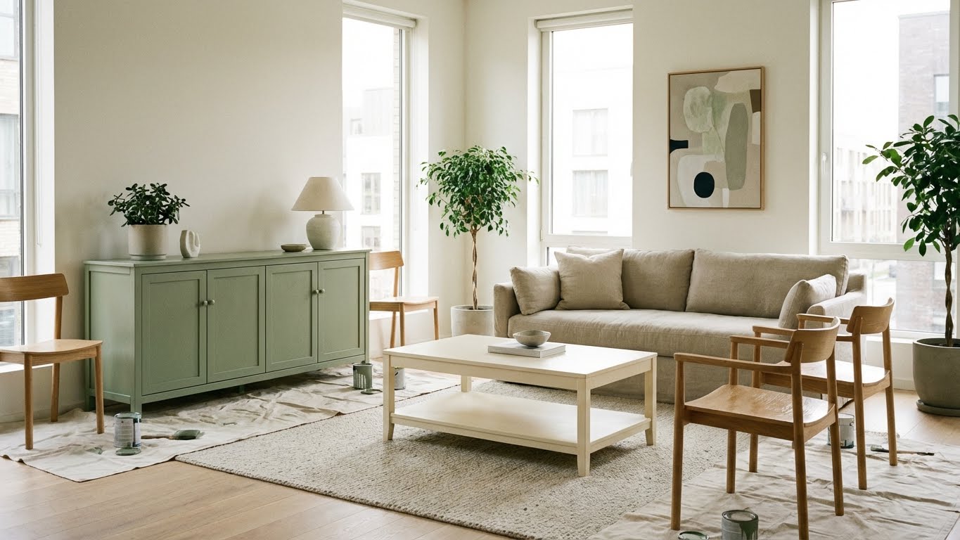 Wohnzimmer mit salbeigrün gestrichenem Sideboard als Beispiel für die Anwendung der LM Kreativ Möbelfarbe 500 ml.