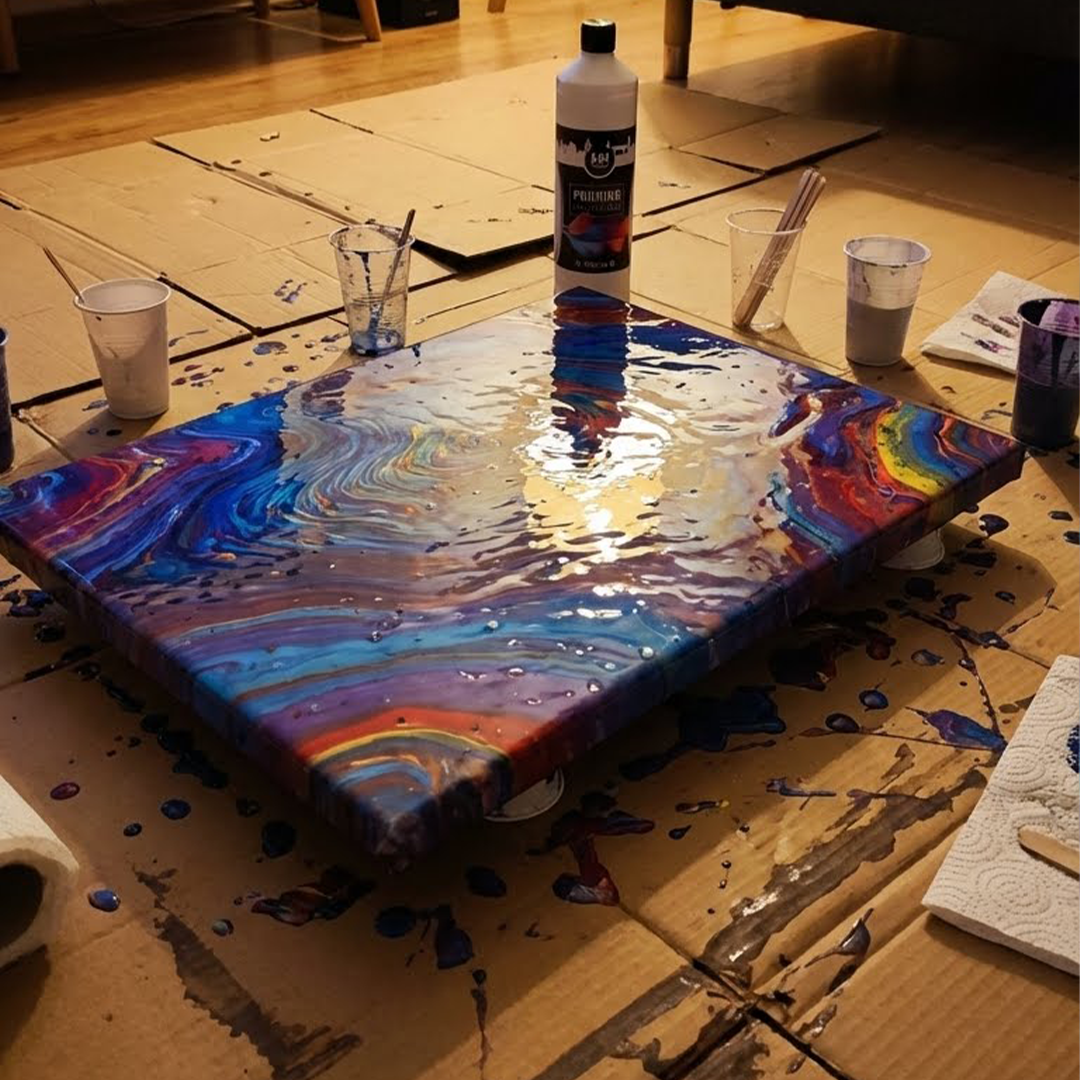 Acryl-Pouring-Arbeitsplatz mit Mischbechern, Farben und gegossener Leinwand