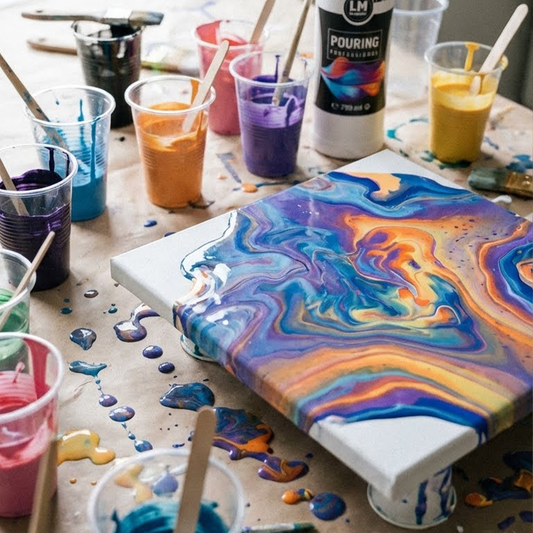 Frisch gegossenes Acryl-Pouring-Bild auf erhöhter Unterlage mit verlaufender Farbe