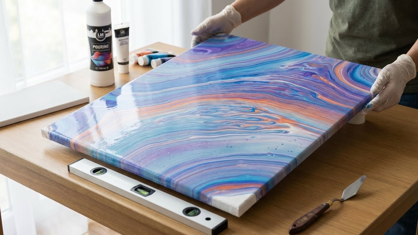 Person richtet eine frisch gegossene Acryl-Pouring-Leinwand auf Arbeitstisch aus