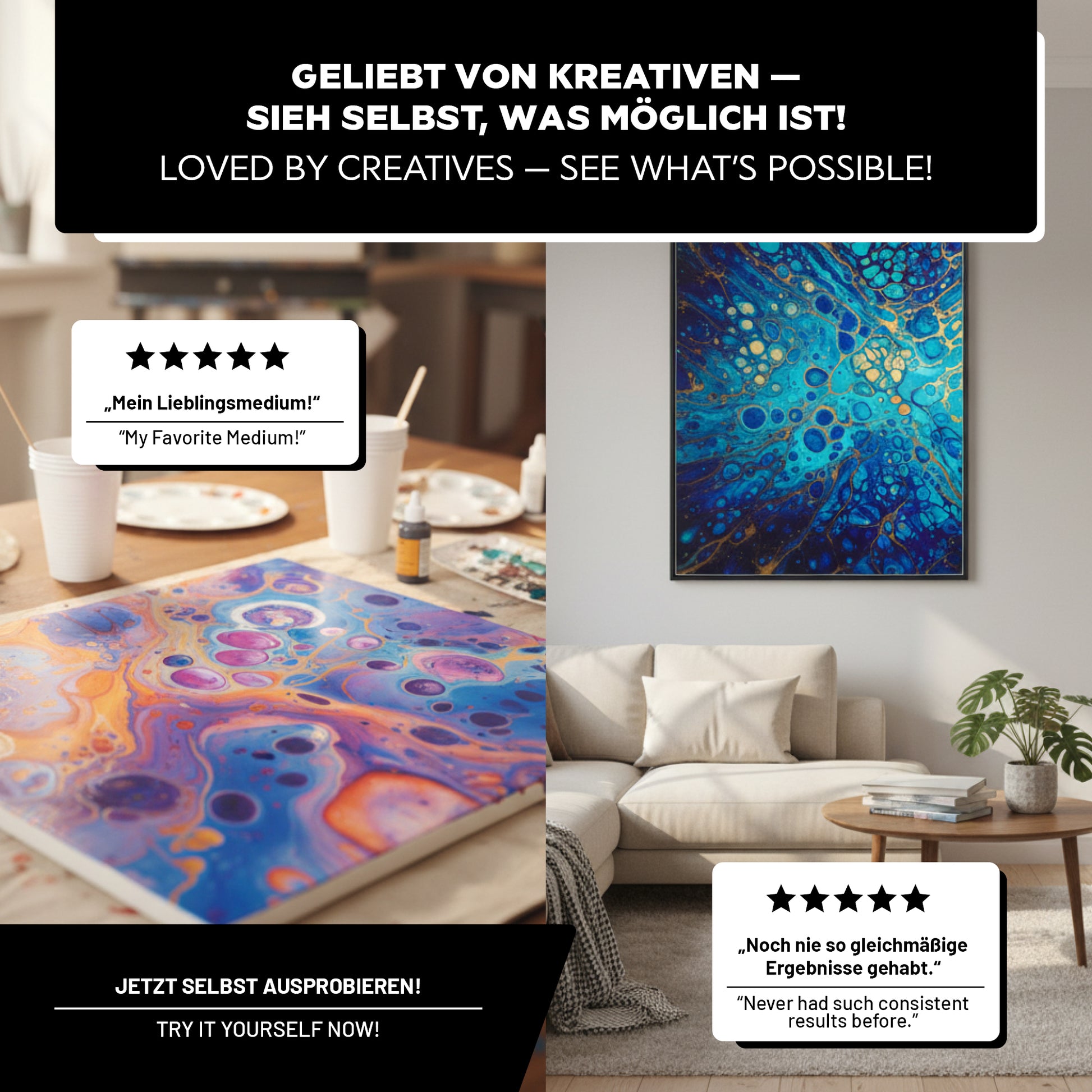 Fertiges Acryl-Pouring-Kunstwerk als Wandbild in modernem Wohnraum