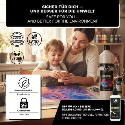 Erwachsener und Kind arbeiten gemeinsam an einem Acryl-Pouring-Bild mit Pouring Medium