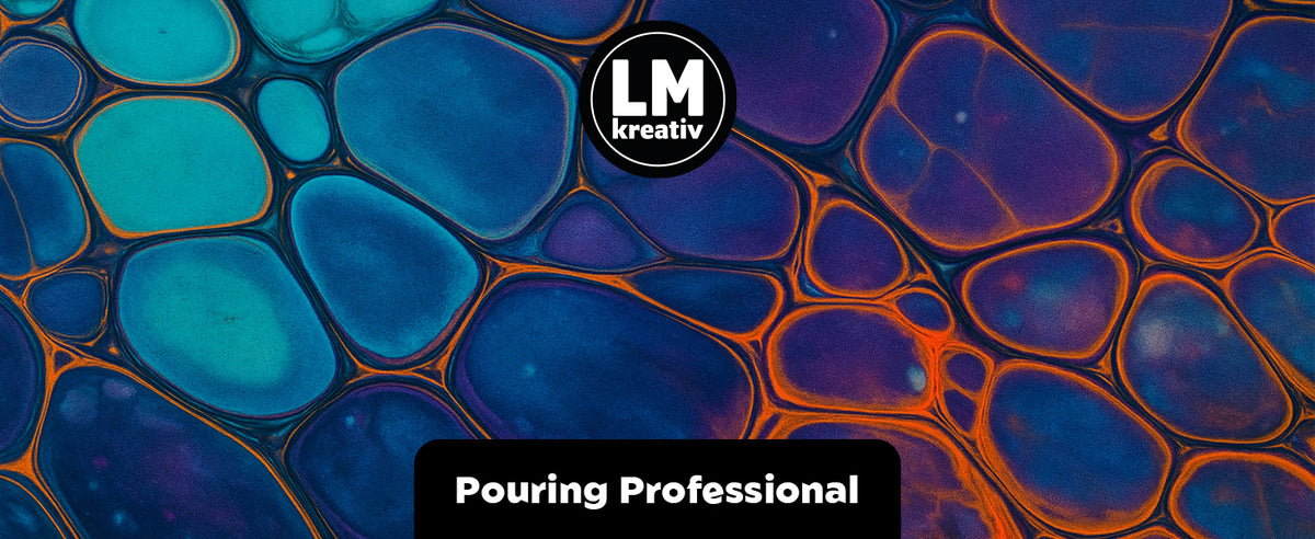 Abstrakte Acryl-Pouring-Struktur mit organischen Zellen in Blau- und Orangetönen