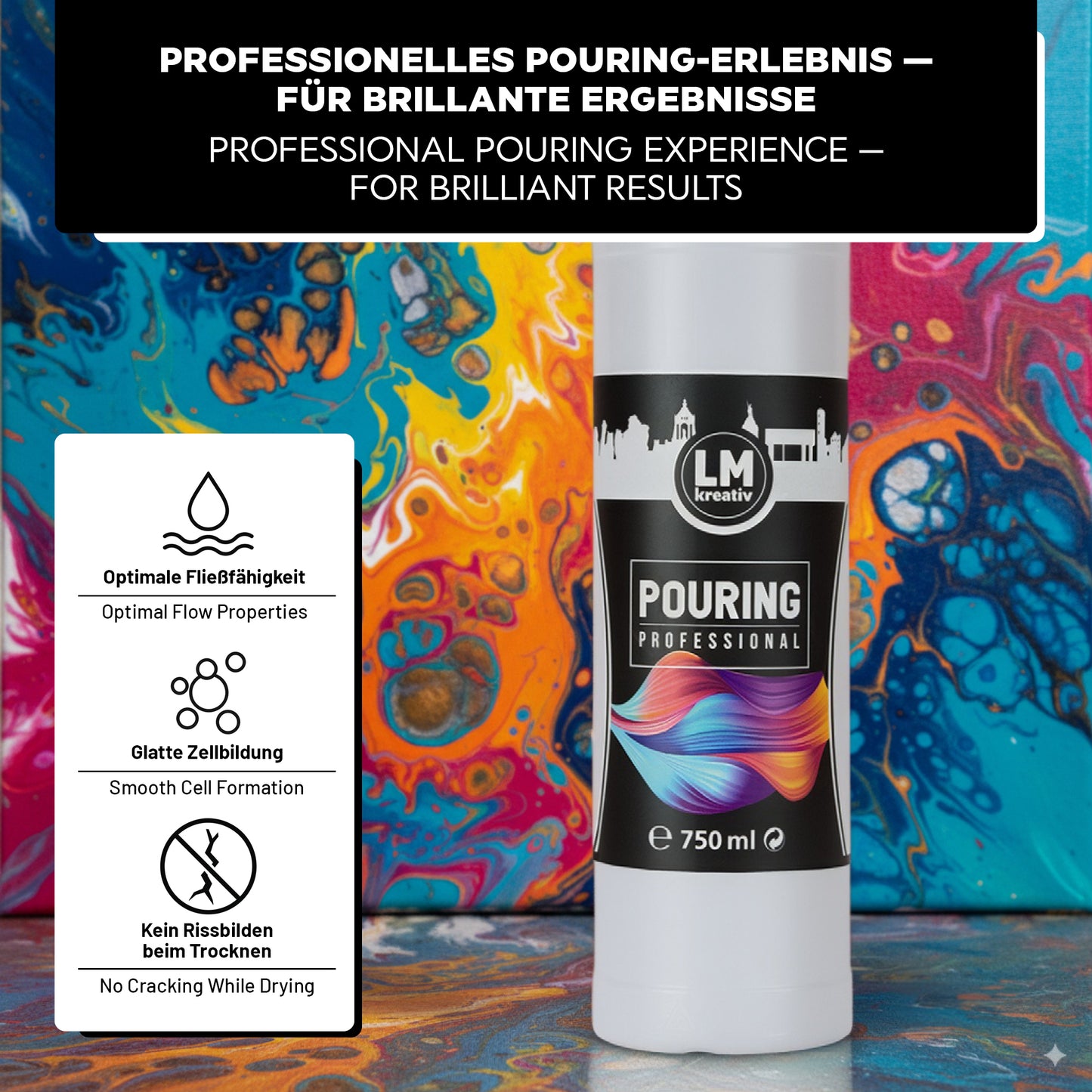 Flasche LM Kreativ Pouring Professional vor farbigem Acryl-Pouring-Hintergrund
