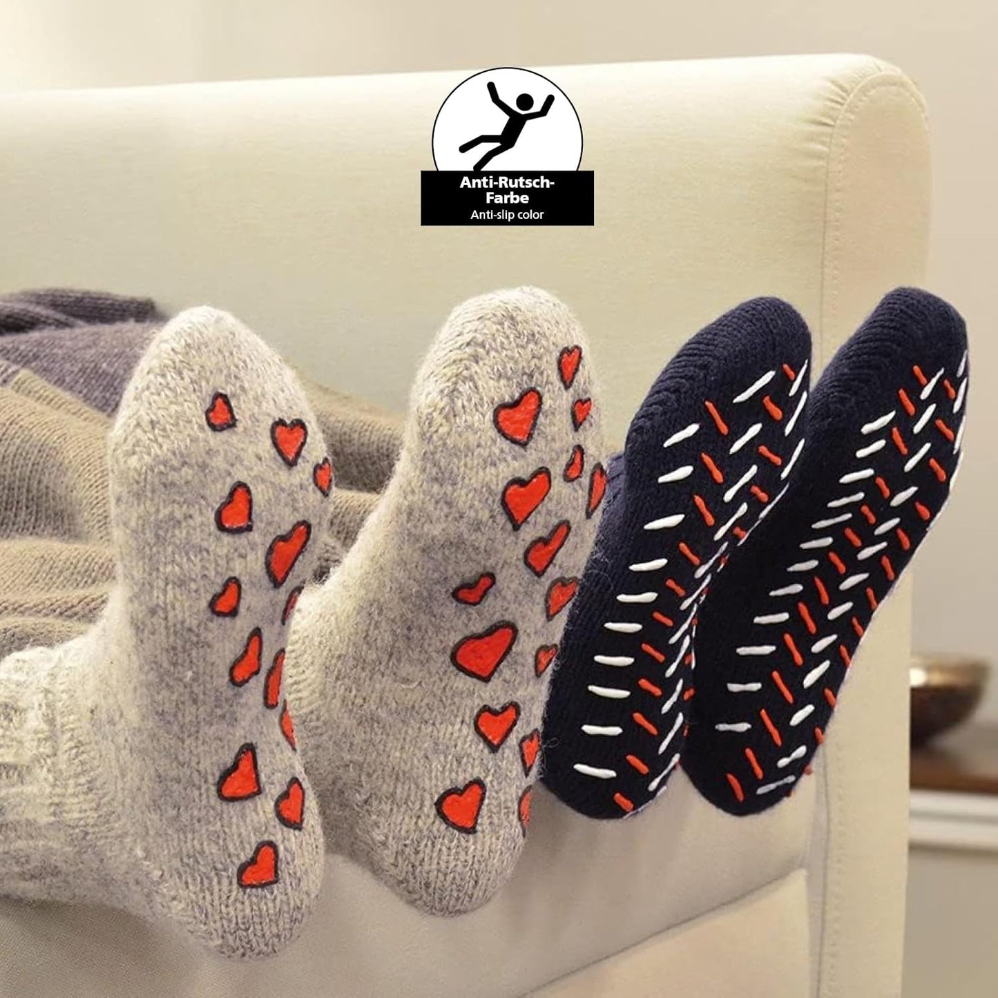 Anwendungsbeispiele der LM Kreativ Socken Stopp Anti-Rutsch Farbe auf Socken, Teppichen, Möbelkanten und beschichteten Textiloberflächen.