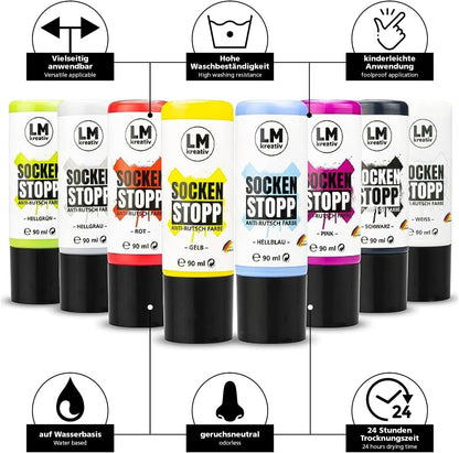 LM Kreativ Socken Stopp Anti-Rutsch Farbe mit Icons zu vielseitiger Anwendung, hoher Waschbeständigkeit, geruchsneutraler Rezeptur, Wasserbasis und 24 Stunden Trocknungszeit.