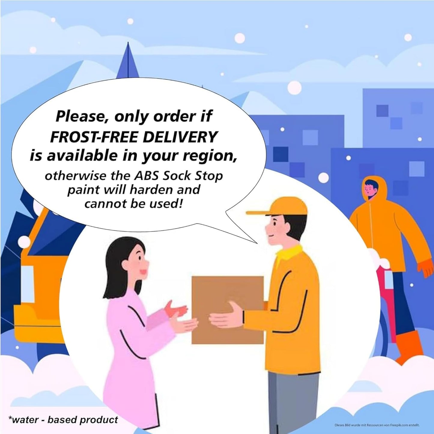 Illustration zur LM Kreativ Socken Stopp Anti-Rutsch Farbe mit Hinweis auf frostfreie Lieferung, da das wasserbasierte Produkt bei Kälte aushärten kann.