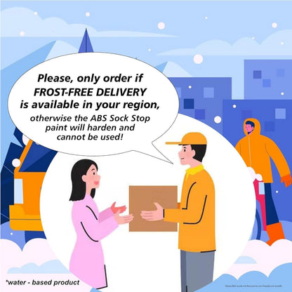 Illustration zur LM Kreativ Socken Stopp Anti-Rutsch Farbe mit Hinweis auf frostfreie Lieferung, da das wasserbasierte Produkt bei Kälte aushärten kann.