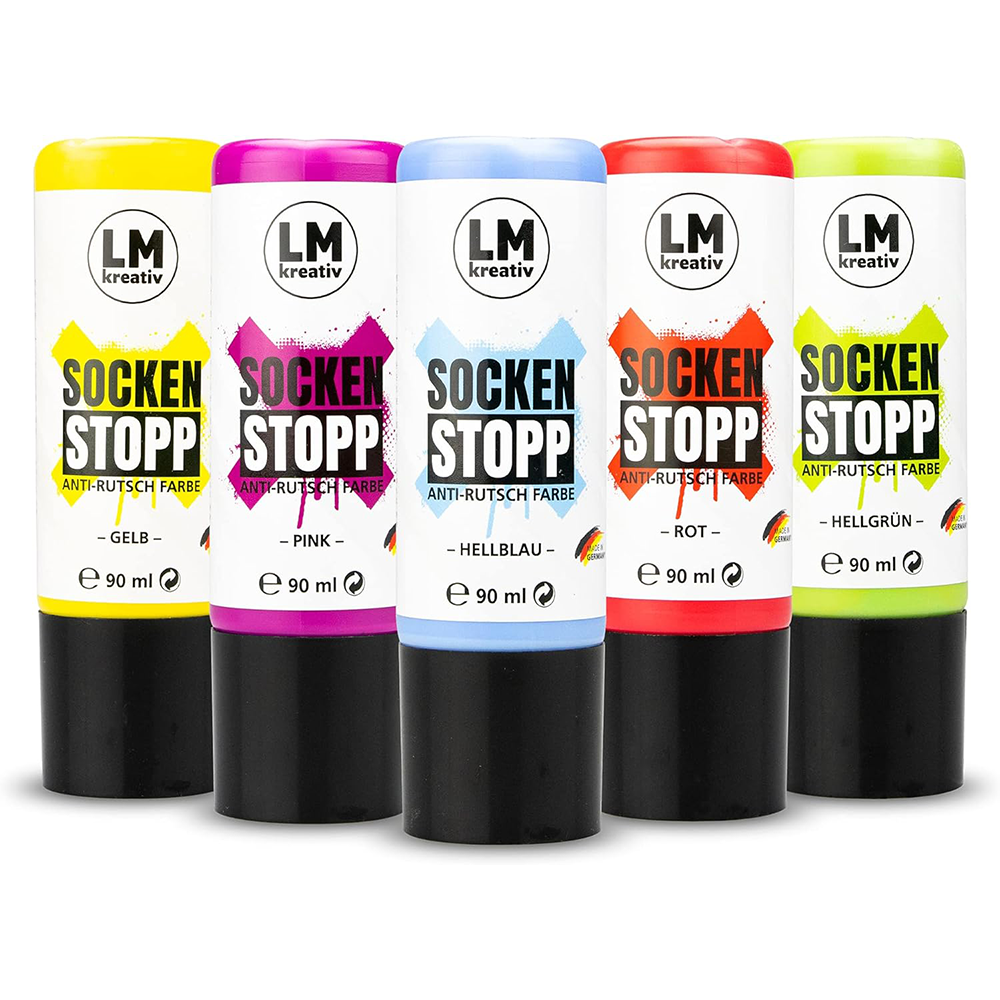 LM Kreativ Socken Stopp Anti-Rutsch Farbe Set in Gelb, Pink, Hellblau, Rot und Hellgrün in 90 ml Flaschen.