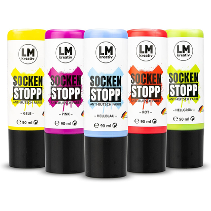 LM Kreativ Socken Stopp Anti-Rutsch Farbe Set in Gelb, Pink, Hellblau, Rot und Hellgrün in 90 ml Flaschen.