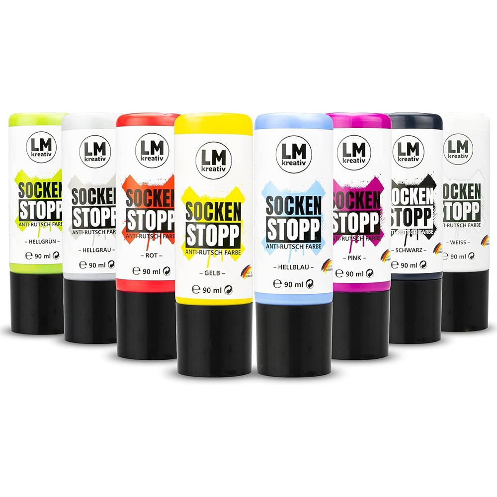 LM Kreativ Socken Stopp Anti-Rutsch Farbe Set mit allen verfügbaren Farben in 90 ml Flaschen übersichtlich nebeneinander dargestellt.