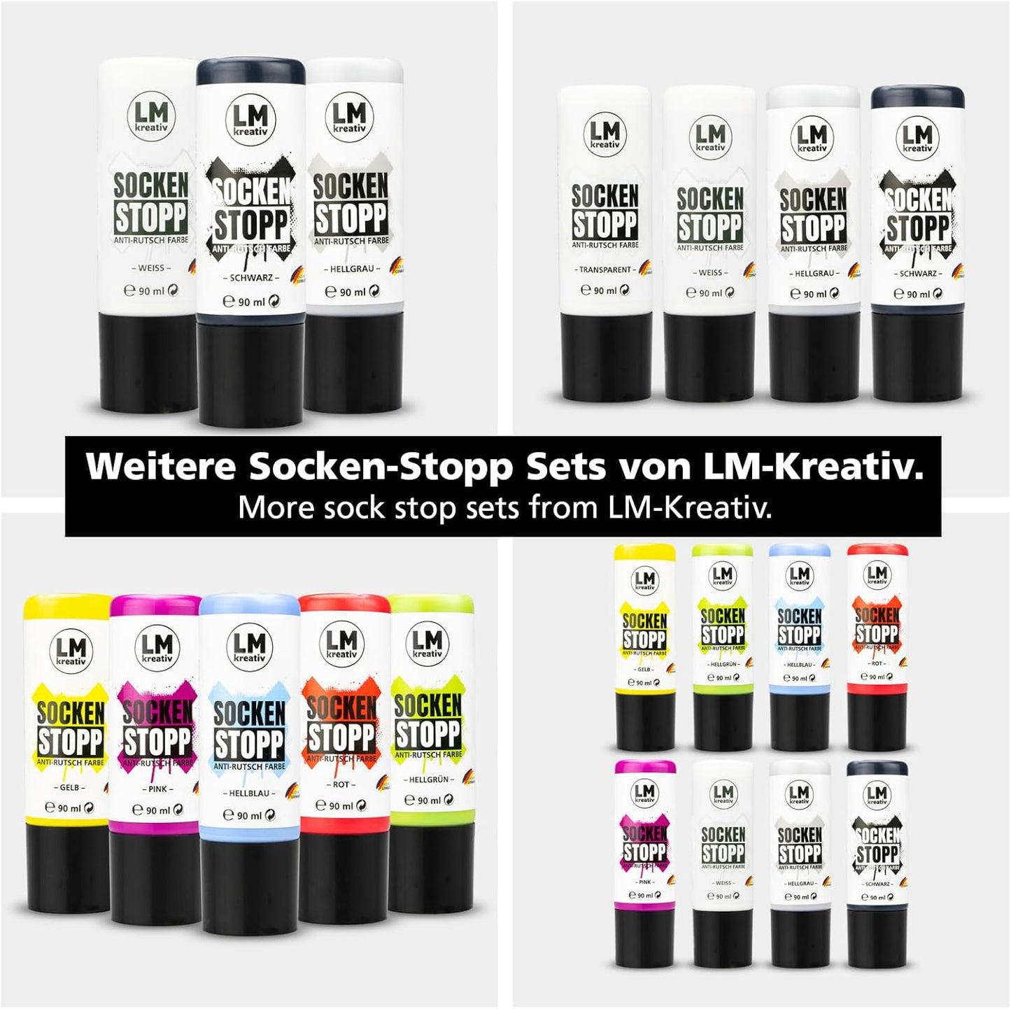 Darstellung verschiedener LM Kreativ Socken Stopp Anti-Rutsch Farbe Sets mit unterschiedlichen Farbkombinationen.