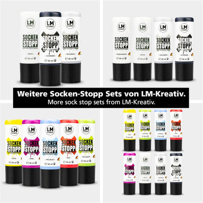 Darstellung verschiedener LM Kreativ Socken Stopp Anti-Rutsch Farbe Sets mit unterschiedlichen Farbkombinationen.