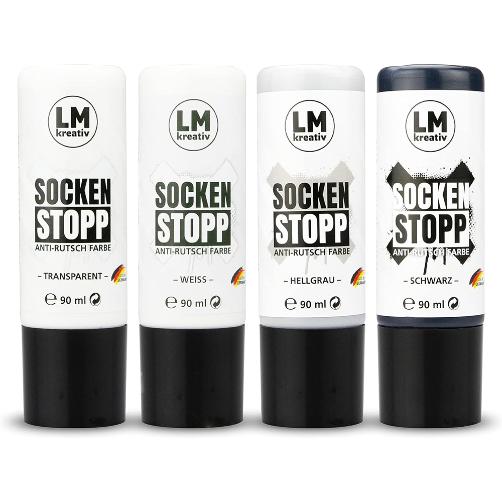 LM Kreativ Socken Stopp Anti-Rutsch Farbe in den Varianten Transparent, Weiß, Hellgrau und Schwarz als 90 ml Flaschen.