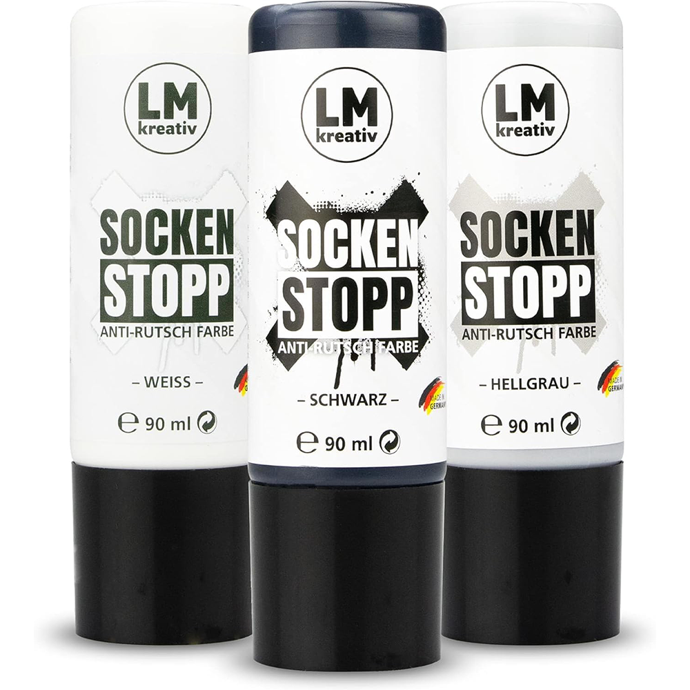 LM Kreativ Socken Stopp Anti-Rutsch Farbe Set mit den Varianten Weiß, Schwarz und Hellgrau in 90 ml Flaschen.