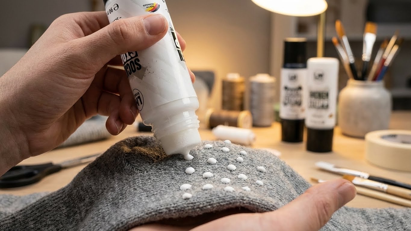 Hand traegt die LM Kreativ Socken Stopper Textilfarbe auf eine graue Socke auf und setzt weisse rutschfeste Punkte auf die Unterseite.