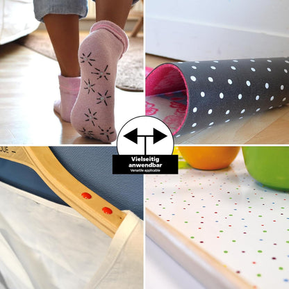 Anwendungsbeispiele der LM Kreativ Socken Stopper Textilfarbe auf Socken, Teppich, Holz und Stoff mit rutschfesten Punkten fuer vielseitige DIY-Projekte.