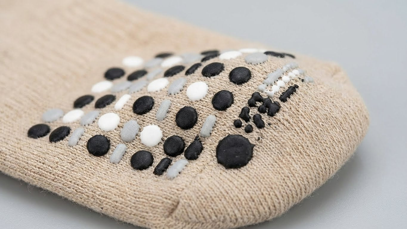 Detailaufnahme einer Sockensohle mit schwarzen, weissen und grauen rutschfesten Stopperpunkten aus LM Kreativ Socken Stopper Textilfarbe.