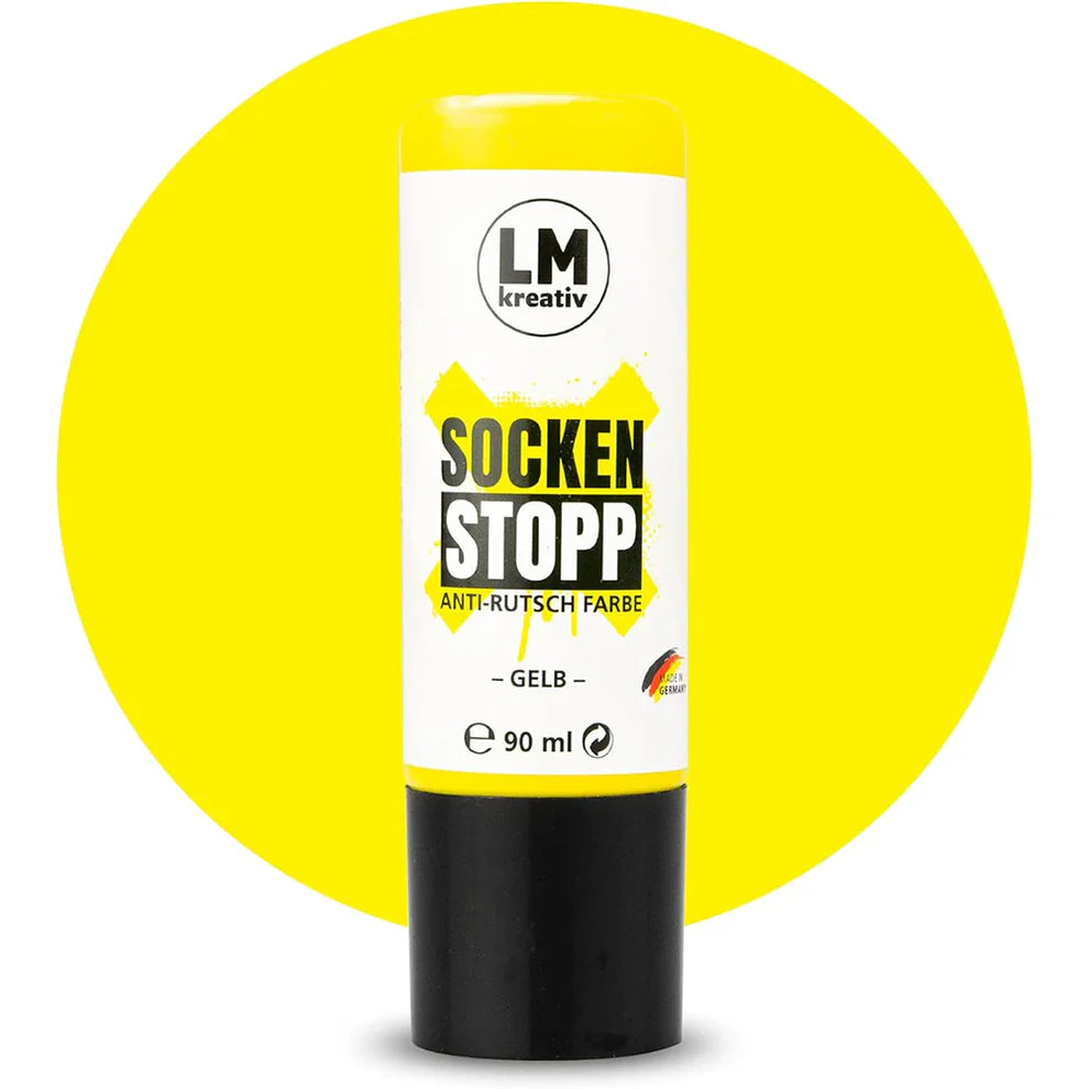 Produktabbildung der LM Kreativ Socken Stopper Textilfarbe in Gelb mit 90 ml Inhalt in gelber Dosierflasche mit schwarzem Verschluss.
