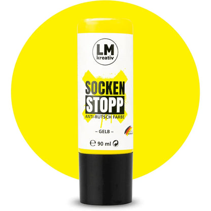 Produktabbildung der LM Kreativ Socken Stopper Textilfarbe in Gelb mit 90 ml Inhalt in gelber Dosierflasche mit schwarzem Verschluss.