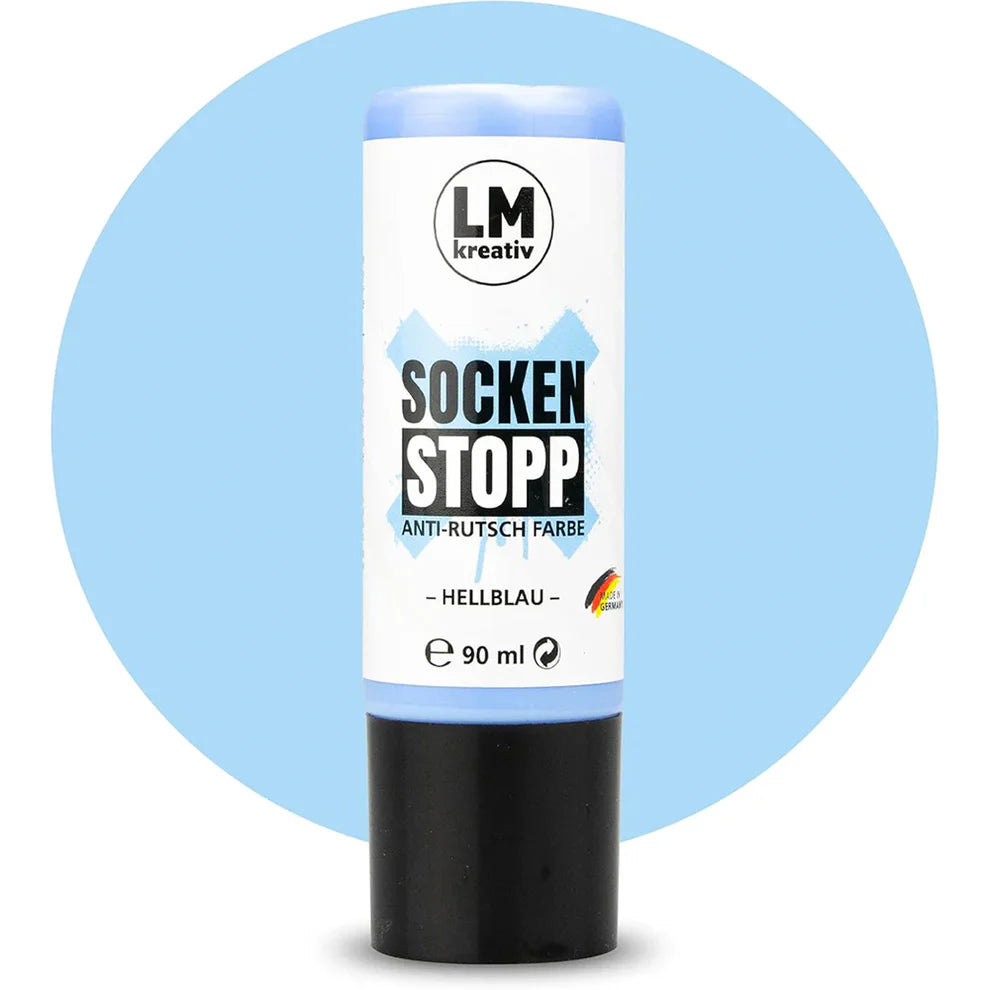 Produktabbildung der LM Kreativ Socken Stopper Textilfarbe in Hellblau mit 90 ml Inhalt in hellblauer Dosierflasche mit schwarzem Verschluss.